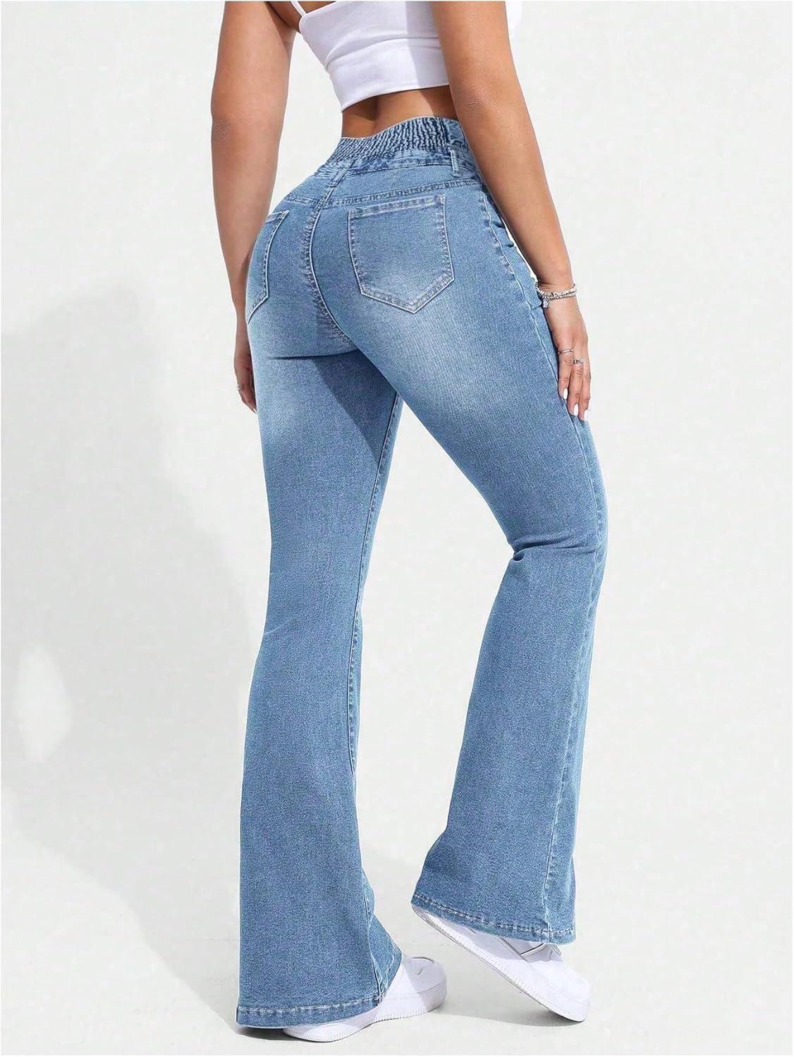 imageMakeMeChic Womens Y2K Denim Pants Bell Bottom Shirred Flare Skinny Y2K Jeans Trousers with PocketLight Wash