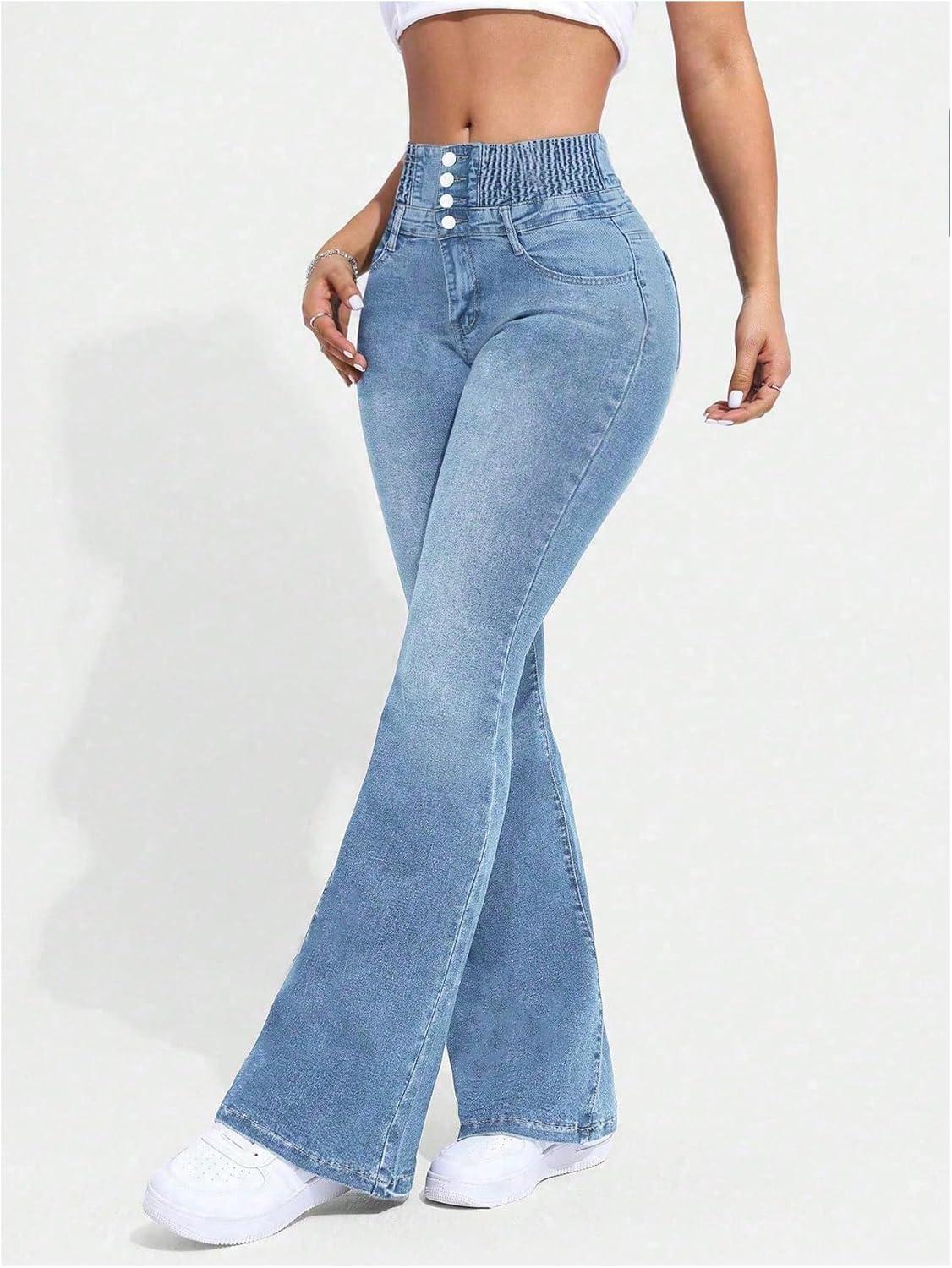 imageMakeMeChic Womens Y2K Denim Pants Bell Bottom Shirred Flare Skinny Y2K Jeans Trousers with PocketLight Wash