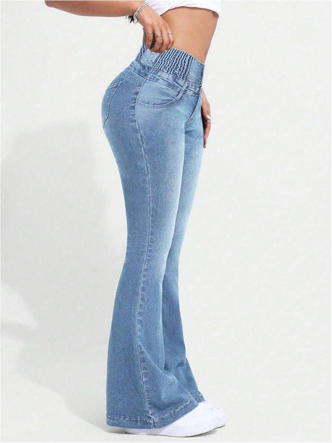 imageMakeMeChic Womens Y2K Denim Pants Bell Bottom Shirred Flare Skinny Y2K Jeans Trousers with PocketLight Wash