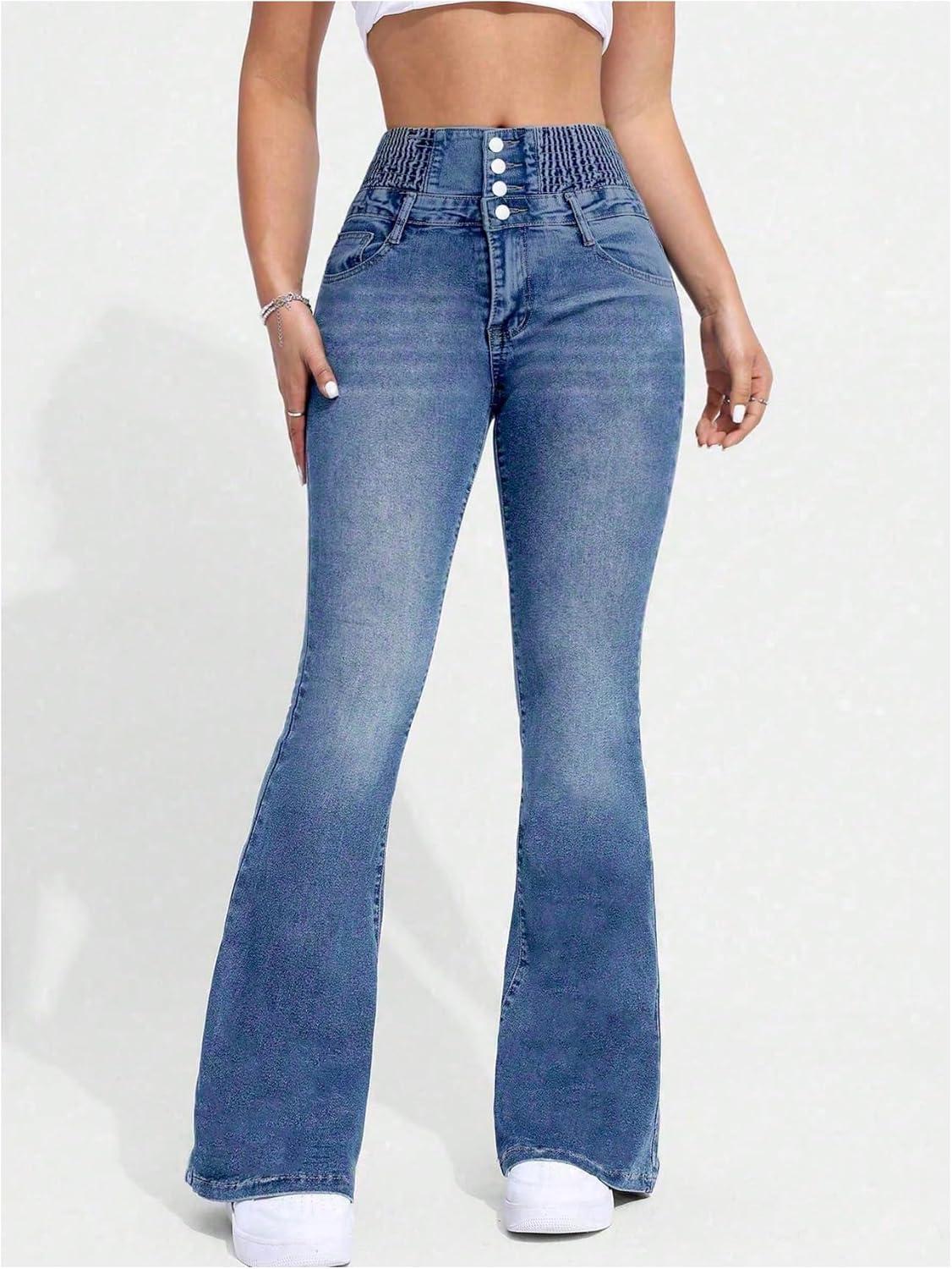 imageMakeMeChic Womens Y2K Denim Pants Bell Bottom Shirred Flare Skinny Y2K Jeans Trousers with PocketMedium Wash
