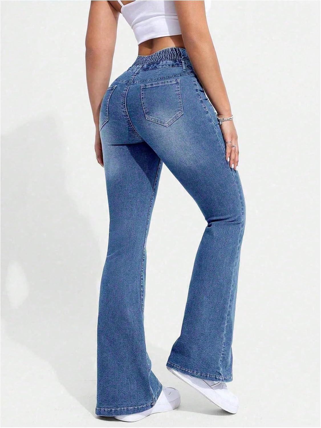 imageMakeMeChic Womens Y2K Denim Pants Bell Bottom Shirred Flare Skinny Y2K Jeans Trousers with PocketMedium Wash