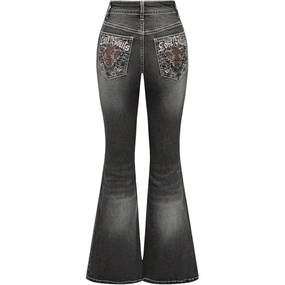 imageMakeMeChic Womens Bell Bottom Jeans Flare Jeans Embroidered Y2K High Waist PantsBlack