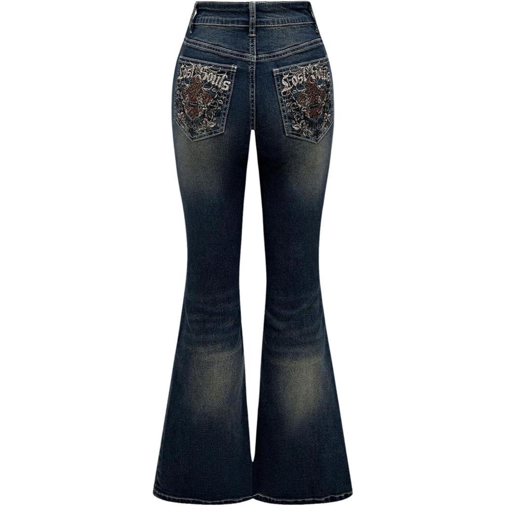 imageMakeMeChic Womens Bell Bottom Jeans Flare Jeans Embroidered Y2K High Waist PantsBlue
