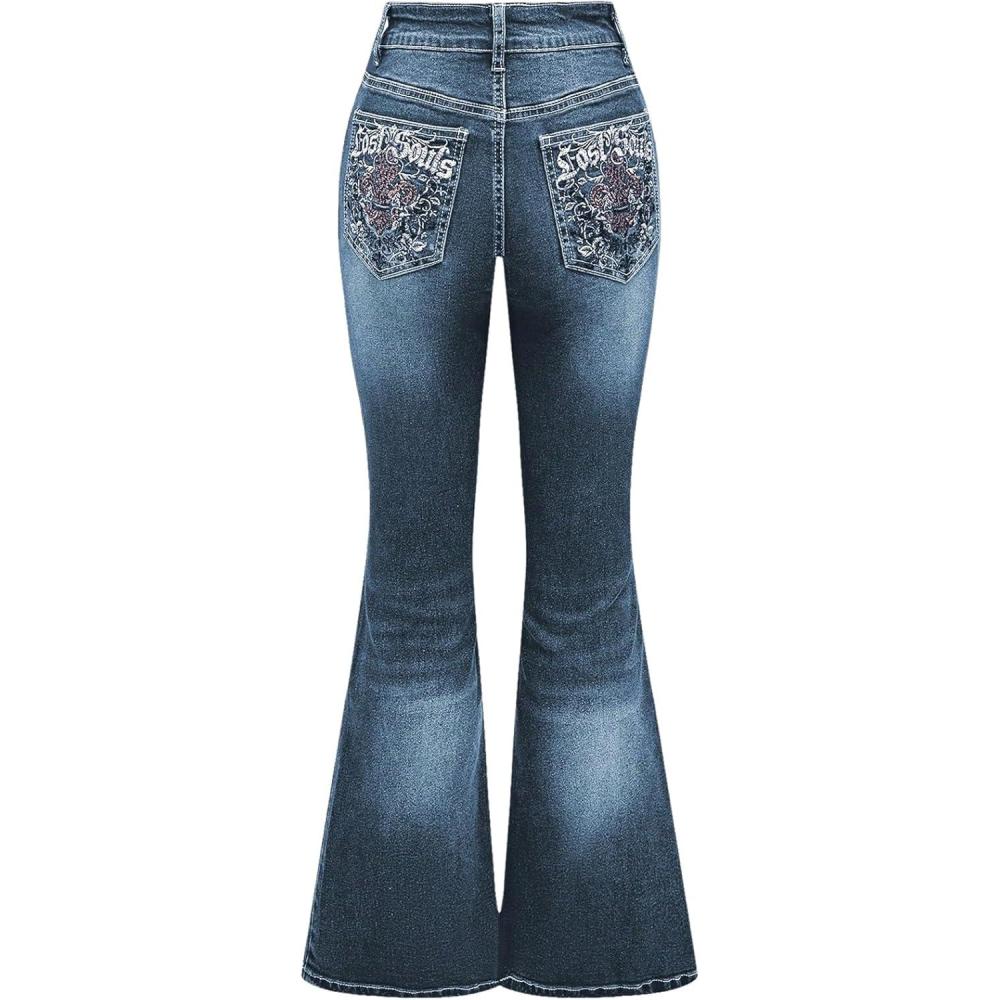 imageMakeMeChic Womens Bell Bottom Jeans Flare Jeans Embroidered Y2K High Waist PantsLight Blue