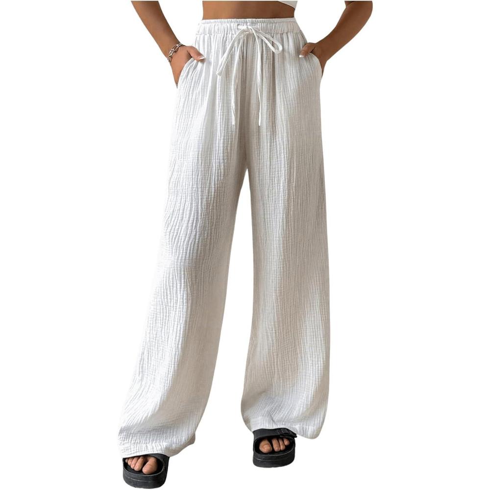 imageMakeMeChic Womens Casual Drawstring Pants Elastic High Waist Loose Baggy Wide Leg PantsWhite
