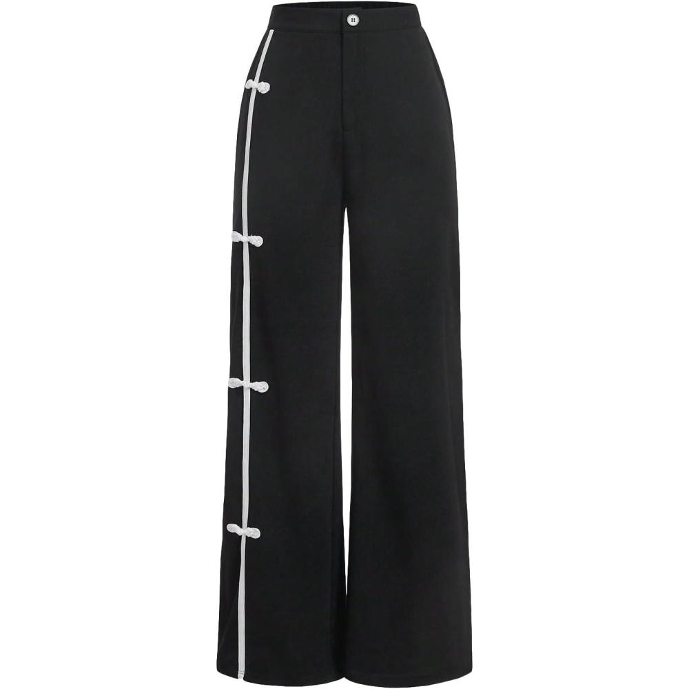 imageMakeMeChic Womens Casual Elastic Waist Wide Leg Button Straight Loose Pants Palazzo TrousersBlack