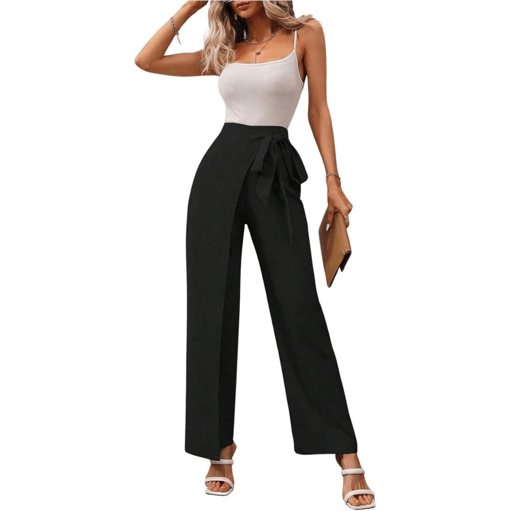 imageMakeMeChic Womens High Waist Trousers Straight Leg Bow Knot Work Office Suit PantsBlack