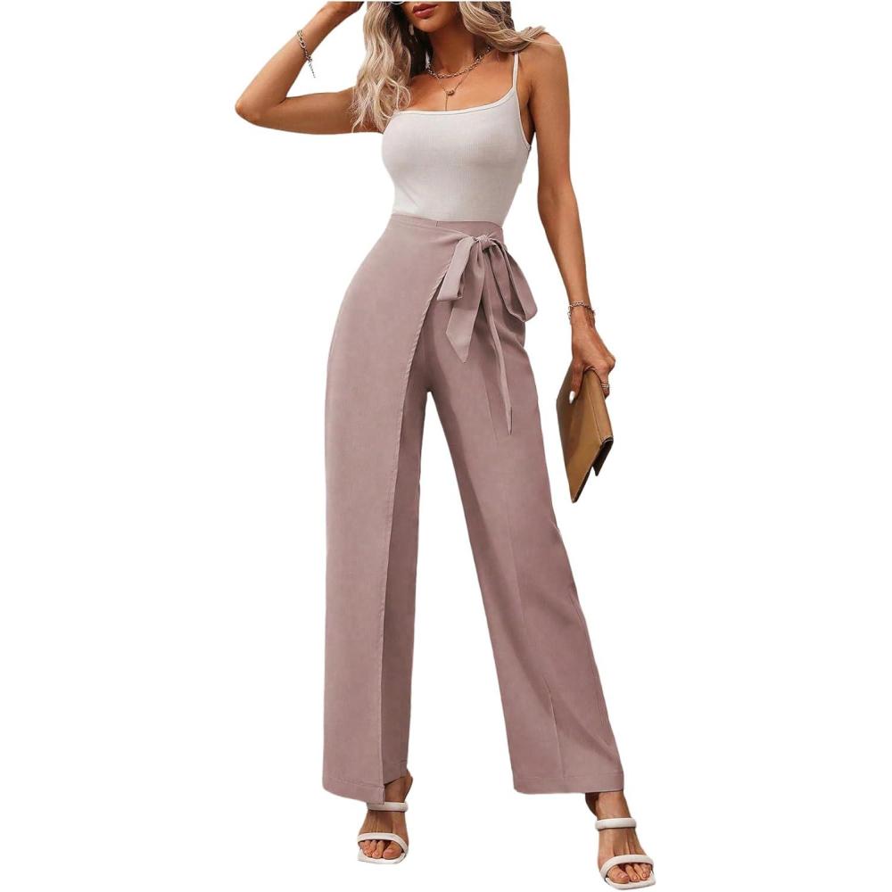 imageMakeMeChic Womens High Waist Trousers Straight Leg Bow Knot Work Office Suit PantsDusty Pink
