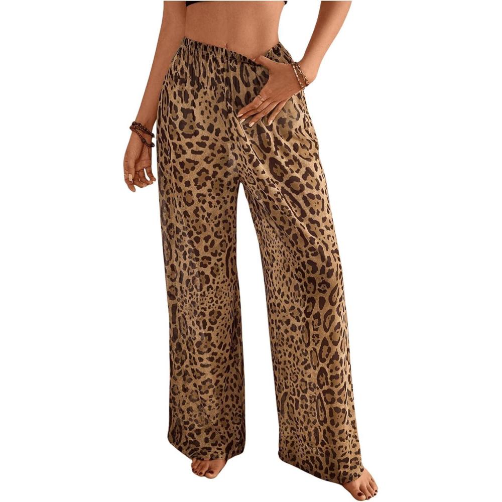 imageMakeMeChic Womens Leopard Print Pants Elastic Waist Lounge Pants Wide Leg Loose Long Pajama PantsBlack