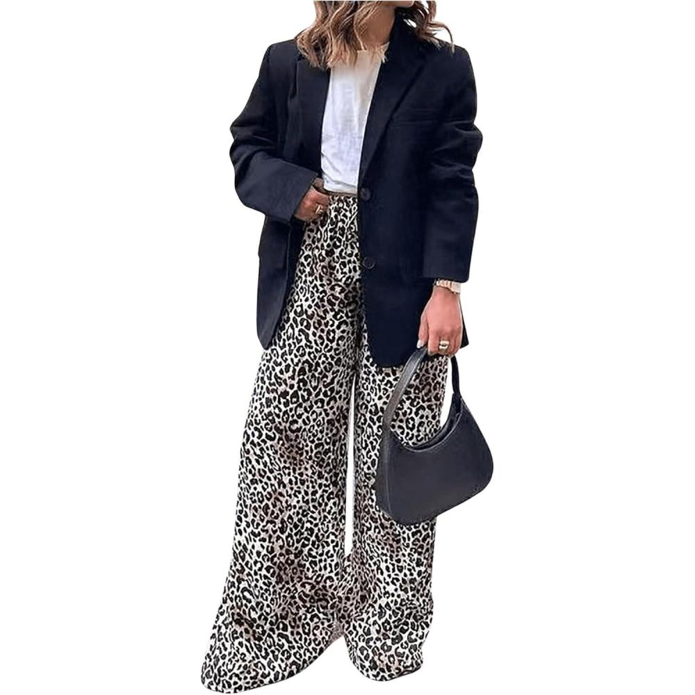 imageMakeMeChic Womens Leopard Print Pants Elastic Waist Lounge Pants Wide Leg Loose Long Pajama PantsKhaki B