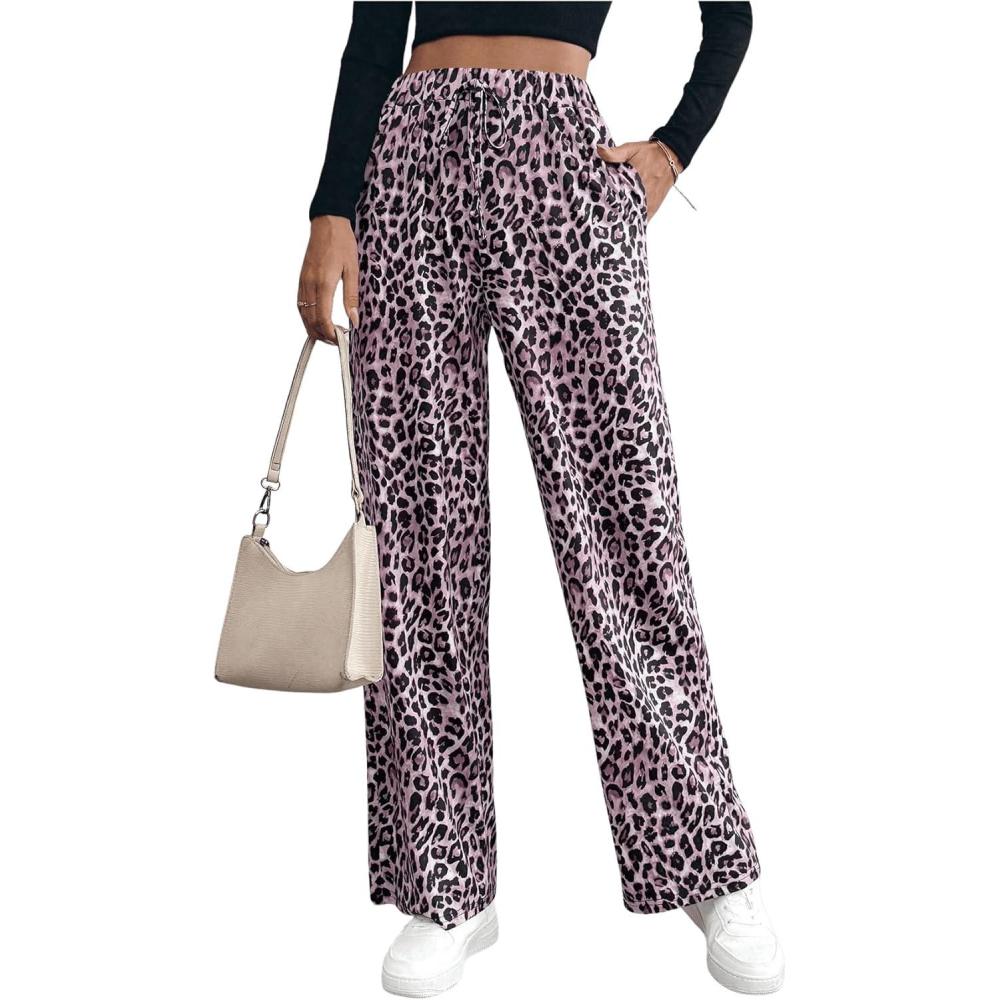 imageMakeMeChic Womens Leopard Print Pants Elastic Waist Lounge Pants Wide Leg Loose Long Pajama PantsPink