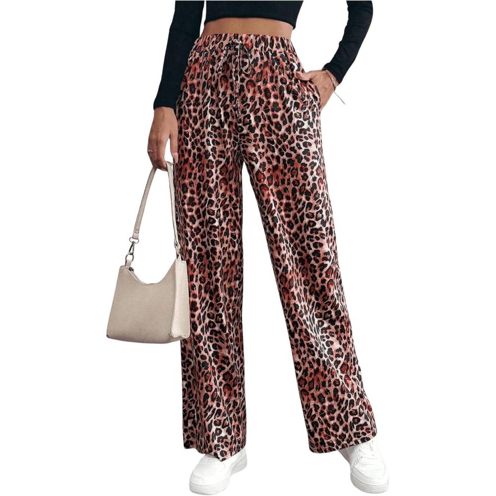 imageMakeMeChic Womens Leopard Print Pants Elastic Waist Lounge Pants Wide Leg Loose Long Pajama PantsRed