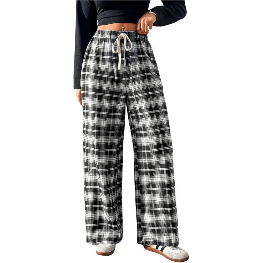 imageMakeMeChic Womens Plaid Pants Elastic Waist Wide Leg Loose Casual TrousersBlack