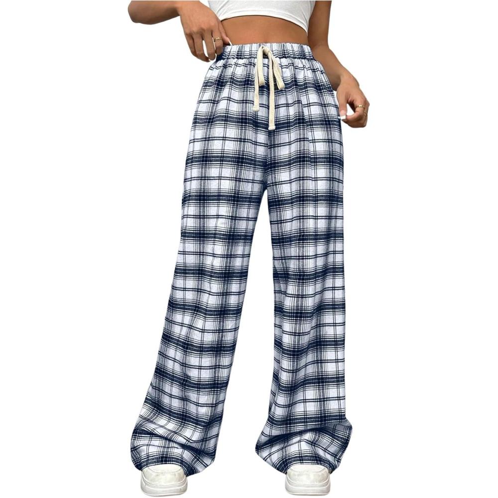 imageMakeMeChic Womens Plaid Pants Elastic Waist Wide Leg Loose Casual TrousersBlue