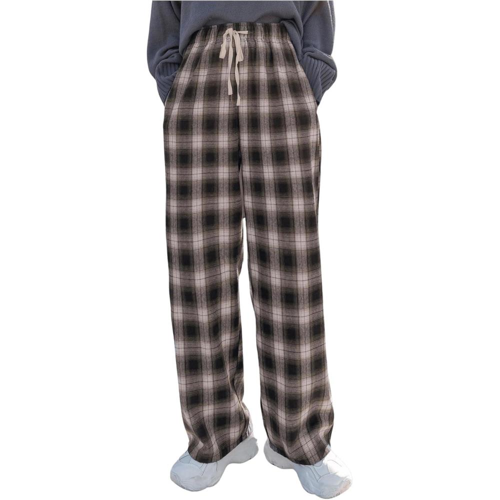 imageMakeMeChic Womens Plaid Pants Elastic Waist Wide Leg Loose Casual TrousersCoffee Brown
