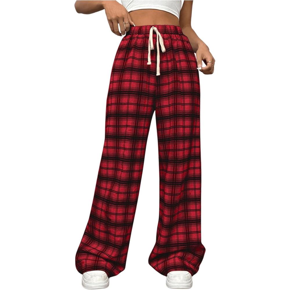 imageMakeMeChic Womens Plaid Pants Elastic Waist Wide Leg Loose Casual TrousersRed