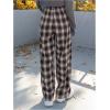 imageMakeMeChic Womens Plaid Pants Elastic Waist Wide Leg Loose Casual TrousersCoffee Brown