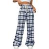 imageMakeMeChic Womens Plaid Pants Elastic Waist Wide Leg Loose Casual TrousersBlue
