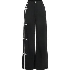 imageMakeMeChic Womens Casual Elastic Waist Wide Leg Button Straight Loose Pants Palazzo TrousersBlack