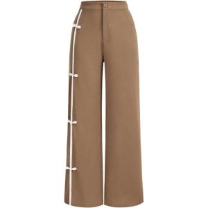 imageMakeMeChic Womens Casual Elastic Waist Wide Leg Button Straight Loose Pants Palazzo TrousersKhaki