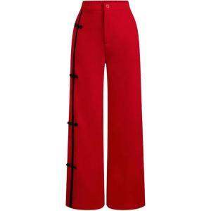 imageMakeMeChic Womens Casual Elastic Waist Wide Leg Button Straight Loose Pants Palazzo TrousersRed