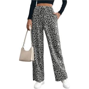 imageMakeMeChic Womens Leopard Print Pants Elastic Waist Lounge Pants Wide Leg Loose Long Pajama PantsGrey