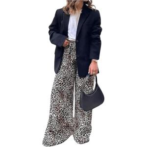 imageMakeMeChic Womens Leopard Print Pants Elastic Waist Lounge Pants Wide Leg Loose Long Pajama PantsKhaki B