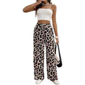 imageMakeMeChic Womens Leopard Print Pants Elastic Waist Lounge Pants Wide Leg Loose Long Pajama PantsMulticolor