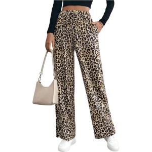 imageMakeMeChic Womens Leopard Print Pants Elastic Waist Lounge Pants Wide Leg Loose Long Pajama PantsMulticolor a