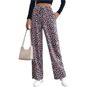 imageMakeMeChic Womens Leopard Print Pants Elastic Waist Lounge Pants Wide Leg Loose Long Pajama PantsPink