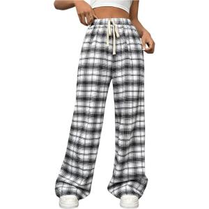 imageMakeMeChic Womens Plaid Pants Elastic Waist Wide Leg Loose Casual TrousersBlack and White