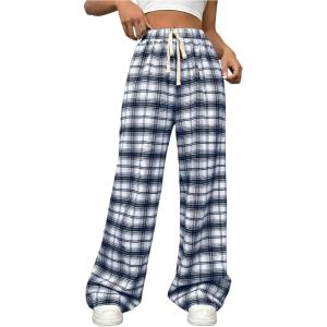 imageMakeMeChic Womens Plaid Pants Elastic Waist Wide Leg Loose Casual TrousersBlue
