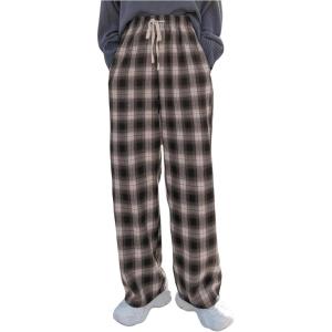 imageMakeMeChic Womens Plaid Pants Elastic Waist Wide Leg Loose Casual TrousersCoffee Brown