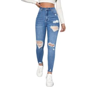 imageMakeMeChic Womens Ripped Skinny Jeans Casual High Waisted Distressed Stretch Denim PantsBlue a
