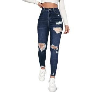 imageMakeMeChic Womens Ripped Skinny Jeans Casual High Waisted Distressed Stretch Denim PantsDark Blue