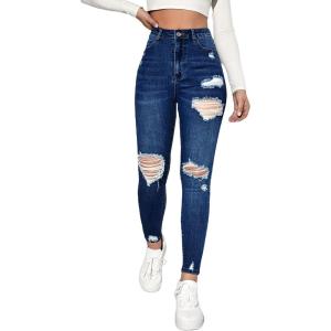 imageMakeMeChic Womens Ripped Skinny Jeans Casual High Waisted Distressed Stretch Denim PantsDark Wash