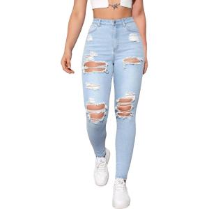 imageMakeMeChic Womens Ripped Skinny Jeans Casual High Waisted Distressed Stretch Denim PantsLight Wash
