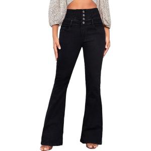 imageMakeMeChic Womens Y2K Denim Pants Bell Bottom Shirred Flare Skinny Y2K Jeans Trousers with PocketBlack
