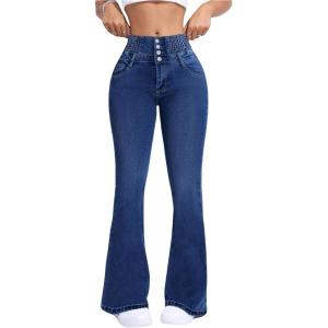 imageMakeMeChic Womens Y2K Denim Pants Bell Bottom Shirred Flare Skinny Y2K Jeans Trousers with PocketDark Wash