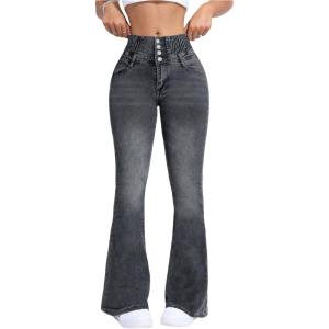 imageMakeMeChic Womens Y2K Denim Pants Bell Bottom Shirred Flare Skinny Y2K Jeans Trousers with PocketGrey