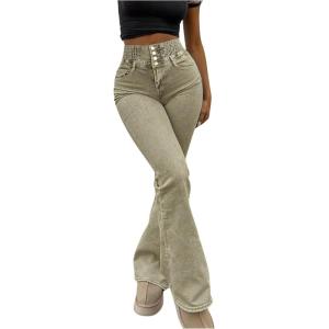 imageMakeMeChic Womens Y2K Denim Pants Bell Bottom Shirred Flare Skinny Y2K Jeans Trousers with PocketKhaki
