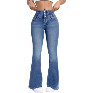 imageMakeMeChic Womens Y2K Denim Pants Bell Bottom Shirred Flare Skinny Y2K Jeans Trousers with PocketMedium Wash