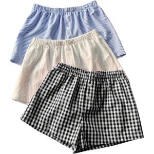 imageMakeMeChic Womens 3 Pack Linen Shorts Summer Comfy Sleep Pajama Boxer ShortsBlue Black White