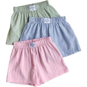 imageMakeMeChic Womens 3 Pack Linen Shorts Summer Comfy Sleep Pajama Boxer ShortsPink Blue Green