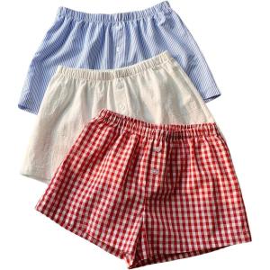 imageMakeMeChic Womens 3 Pack Linen Shorts Summer Comfy Sleep Pajama Boxer ShortsPlaidmulticolor