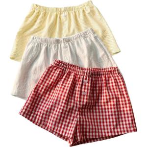 imageMakeMeChic Womens 3 Pack Linen Shorts Summer Comfy Sleep Pajama Boxer ShortsYellow White Red