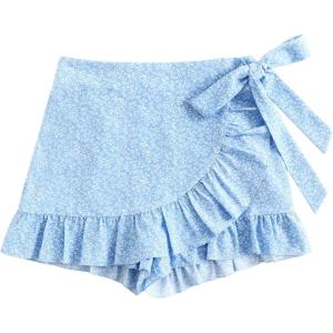imageMakeMeChic Womens Boho Floral Print Elastic Waist Ruffle Wrap Tie Skorts Skirt SkortsBlue