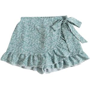 imageMakeMeChic Womens Boho Floral Print Elastic Waist Ruffle Wrap Tie Skorts Skirt SkortsMint Green