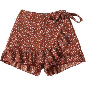 imageMakeMeChic Womens Boho Floral Print Elastic Waist Ruffle Wrap Tie Skorts Skirt SkortsMulti Rust Brown