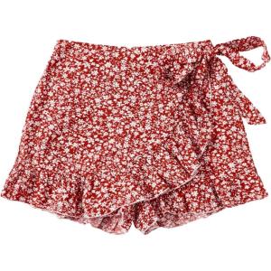 imageMakeMeChic Womens Boho Floral Print Elastic Waist Ruffle Wrap Tie Skorts Skirt SkortsRed and White